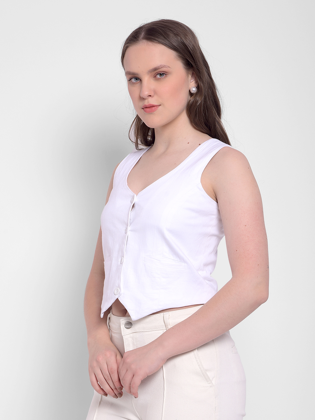 Numero Uno Women White Sleeveless Buttoned Vest